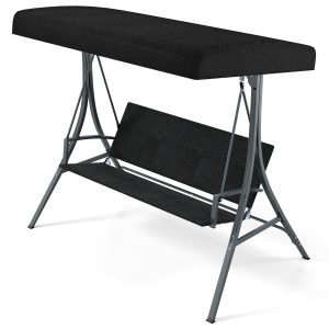 3-Person Porch Swing with Stand Adjustable Canopy Swing with Rattan Seat-Black