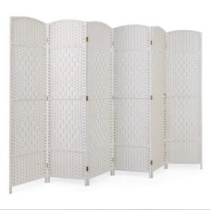 6 Panel Folding Room Divider with Hand-Woven Wicker for Home Office-White