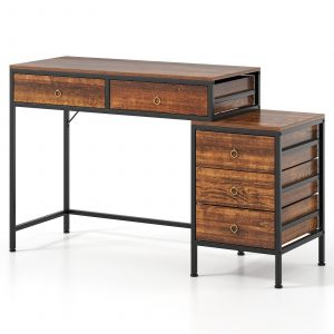 Computer Desk with 5 Drawers and Side File Cabinet-Rustic Brown