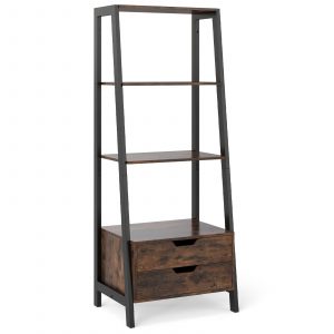 Ladder Bookshelf Tall Freestanding Display Rack with Storage-Rustic Brown