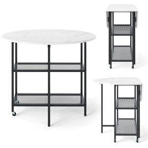 Round Kitchen Table Modern Dining Table with Drop Leaf Tabletop-White