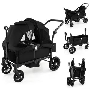 Wagon Stroller for 2 Kids with Adjustable Handle and Removable Canopy-Black