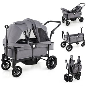 Wagon Stroller for 2 Kids with Adjustable Handle and Removable Canopy-Grey