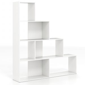 4-Tier Stepped Bookshelf Modern Ladder Bookcase with 6 Storage Cubes-White