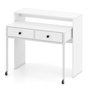 Extendable Computer Desk with 2 Storage Drawers Convertible Home Office Desk -White