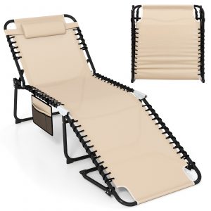 Oversize Folding Chaise Lounge with Adjustable Backrest and Detachable Pillow-Beige