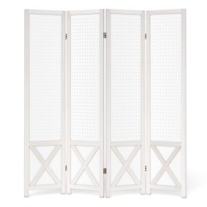 4-Panel Pegboard Room Divider with Solid Wood Frame and Metal Hinges
