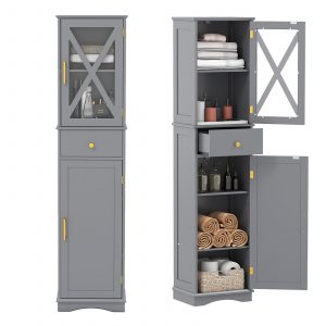 Tall Bathroom Cabinet with Drawer 2 Doors and 3 Adjustable Shelves-Grey