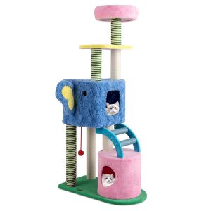 Elephant Themed Cat Tree for Cats with Condos and Padded Perch-Colourful