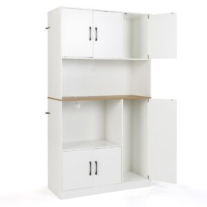 180 cm Tall Pantry Cabinet with Power Outlet and Microwave Stand-White