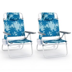 2-Pack Beach Chairs 5-Position Adjustable Folding Chair with Towel Bar-Blue