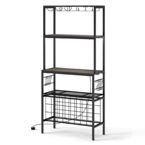Wine Organizer with Power Outlet Multi-Tier Bakers Rack with Glass-Grey