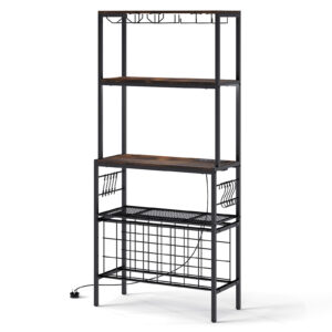 Wine Organizer with Power Outlet Multi-Tier Bakers Rack with Glass-Rustic Brown