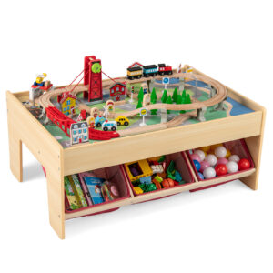 Wooden Train Set Table with 2 Reversible Tabletops and 3 Fabric Drawers-Red