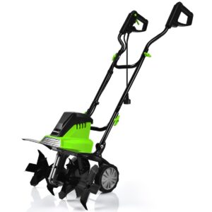Electric Tiller and Cultivator with Foldable Handle and Adjustable Wheels-Green