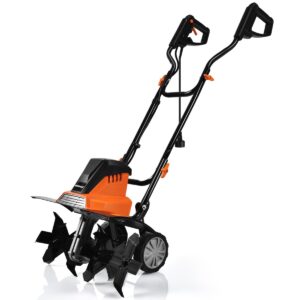 Electric Tiller and Cultivator with Foldable Handle and Adjustable Wheels-Orange