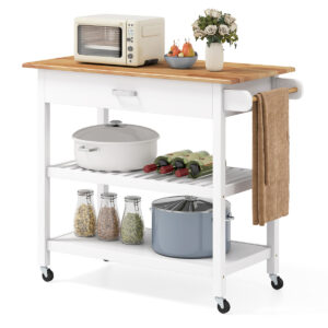 Kitchen Island with Open Shelves and Lockable Casters-White